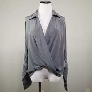 Namrata Joshipura XS Beaded Silk Blouse Long Zip Cuff Sleeve Embellished Gray